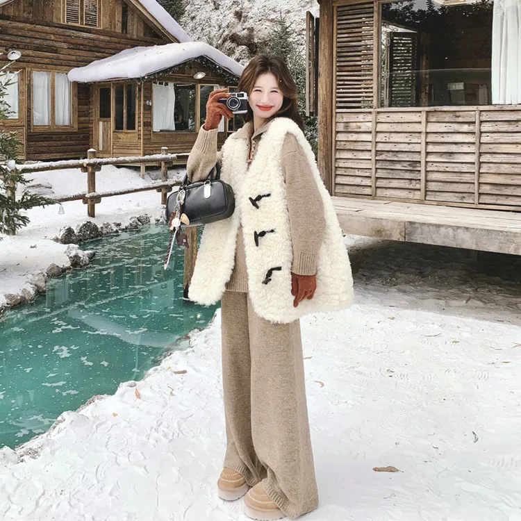 氛围感毛绒绒马甲针织套装裤女2025冬季新款韩系穿搭ins风三件套