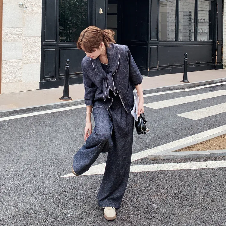高级感蓝色小香风通勤穿搭女2025秋新款圆领气质上衣阔腿裤两件套