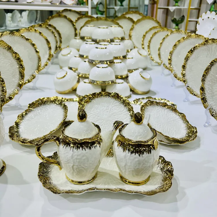 新疆包邮【金边色76件套】陶瓷餐具套装欧式简约高档金边色餐具套装