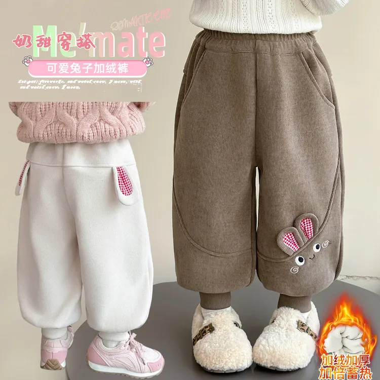 女宝宝小兔灯芯绒加绒裤2025冬季新款小女孩时髦一体绒裤子保暖裤