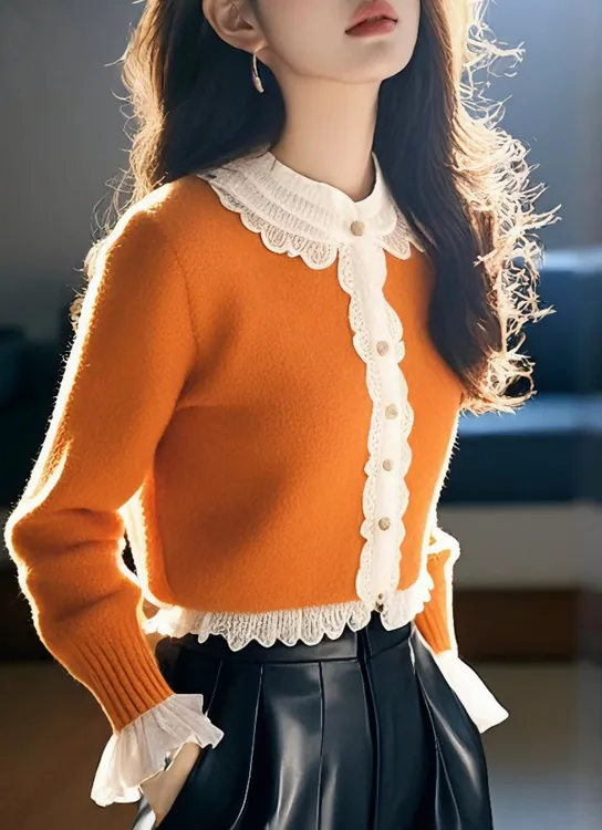2024冬季橙色花边拼接毛衣今年流行高级感超好看减龄显白色里洋气
