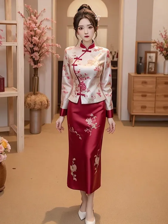 新中式复古国风上衣绣花半身裙两件套女2025秋季新款时尚两件套女