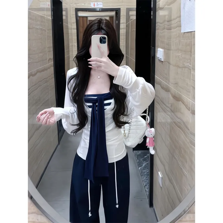 白色长袖防晒罩衫外套内搭条纹抹胸背心上衣两件套装宽松阔腿裤女