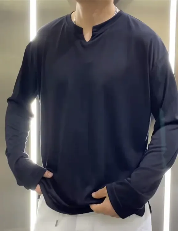 慵懒风松弛感冰凉感丝滑垂坠超轻薄V领开衩长袖防晒T恤夏季超薄T