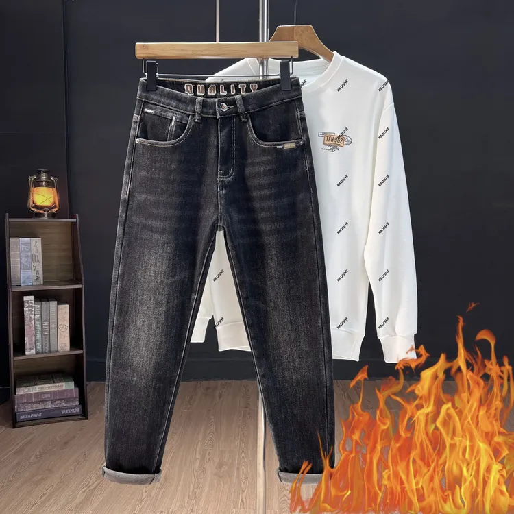 （九分）加绒冬款牛仔裤男弹力水洗软牛仔修身小脚裤男士裤子百搭