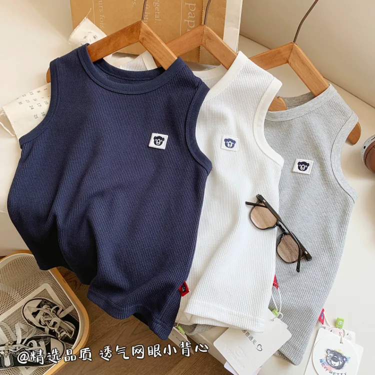 2025夏季新款儿童休闲简约刺绣上衣男童圆领百搭韩版时髦工字背心