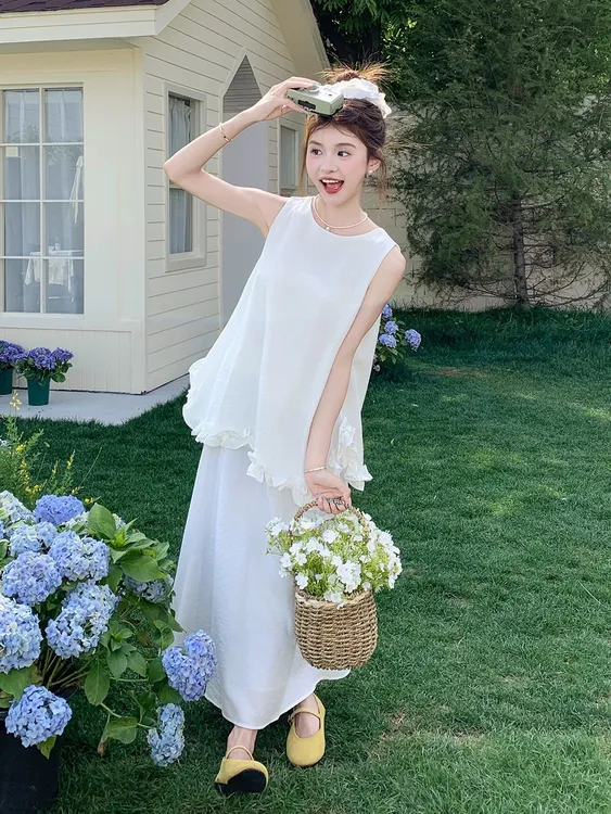 【明媚盐甜】韩系穿搭减龄木耳边背心套装女夏休闲显瘦半身裙两件套