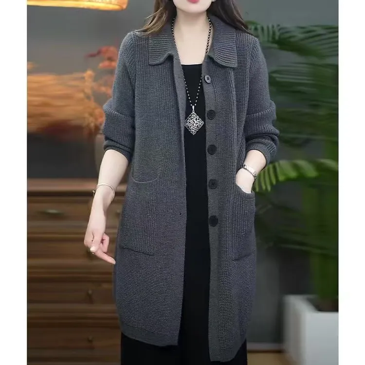 新款高档时尚针织开衫毛衣秋季贵夫人宽松休闲洋气百搭中长款外套