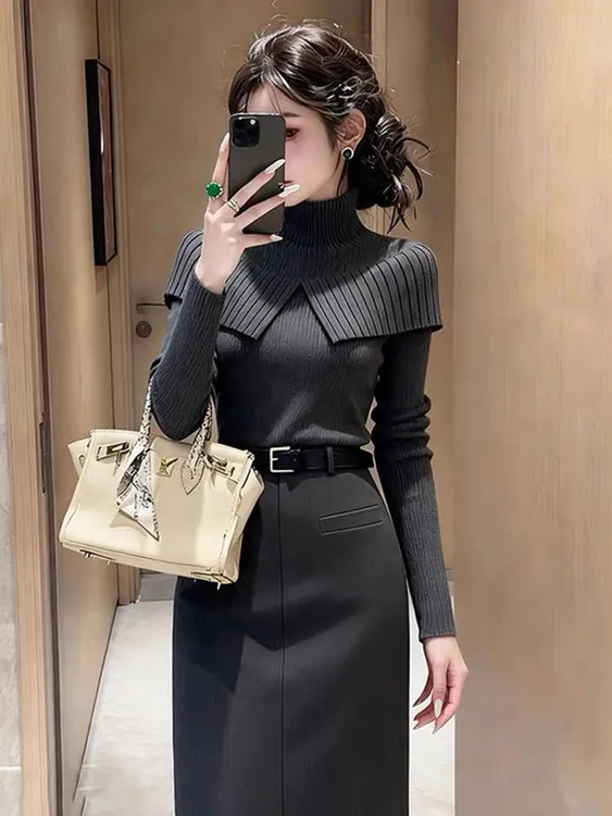 秋装搭配一整套时尚洋气高级感巨好看的灰色斗篷披肩毛衣套装裙女