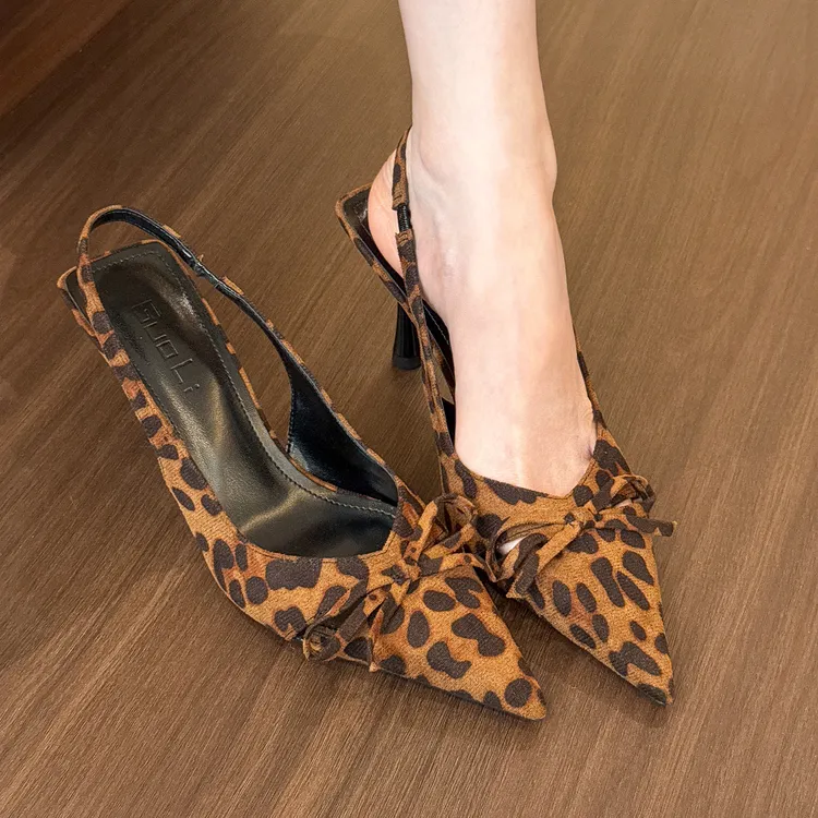 elingstudio 爱惨了!! 气质尖头蝴蝶结高跟鞋女春季豹纹包头凉鞋
