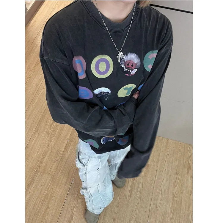 【趣多多对对碰】美式休闲设计感小领口宽松印花长袖T恤hiphop可爱