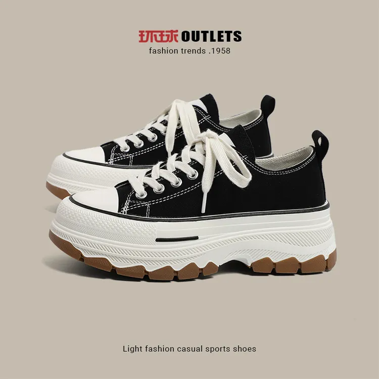 环球厚底帆布鞋2025新款潮鞋增高鞋子女软底高跟白色松糕透气板鞋