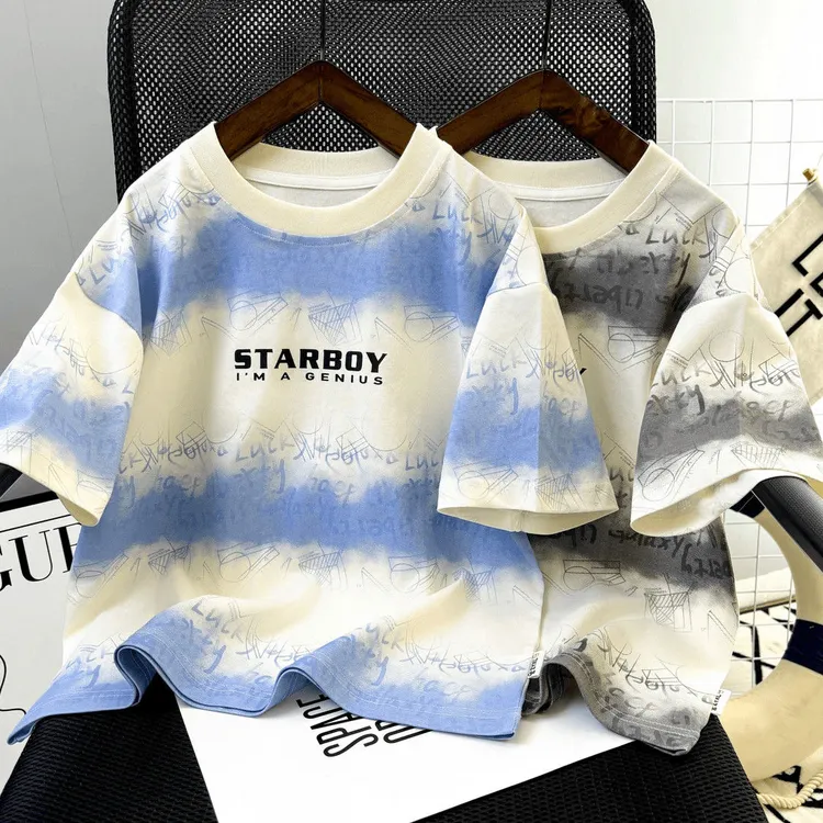 夏季男童T恤韩版透气新款宽松休闲帅气中大童晕染水洗套头衫短袖