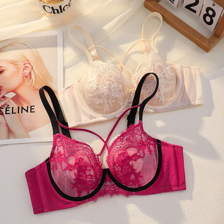 法式超薄蕾丝内衣女大胸显小薄款收副乳防下垂调整型性感文胸罩