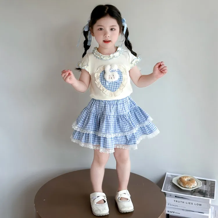 女童洋气爱心花边格子裙套装夏季2025新款儿童韩版女宝宝两件套潮