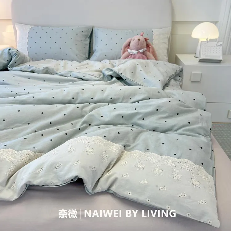 FAVMARTHA类母婴级蕾丝花边四件套棉全棉床品被套学生床上三