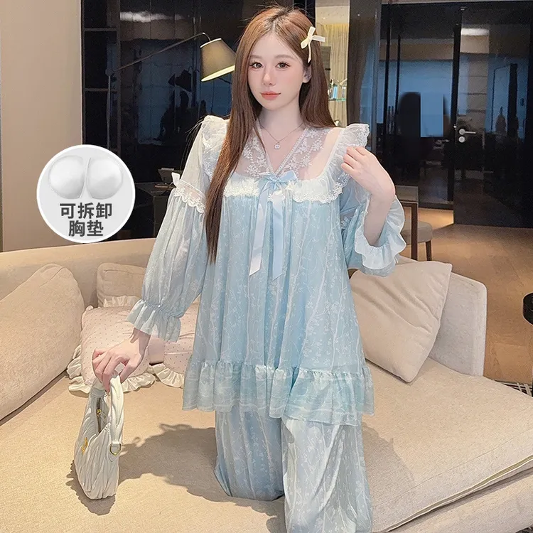 睡衣带胸垫法式宫廷风长袖长裤女款蕾丝网纱甜美可外穿家居服