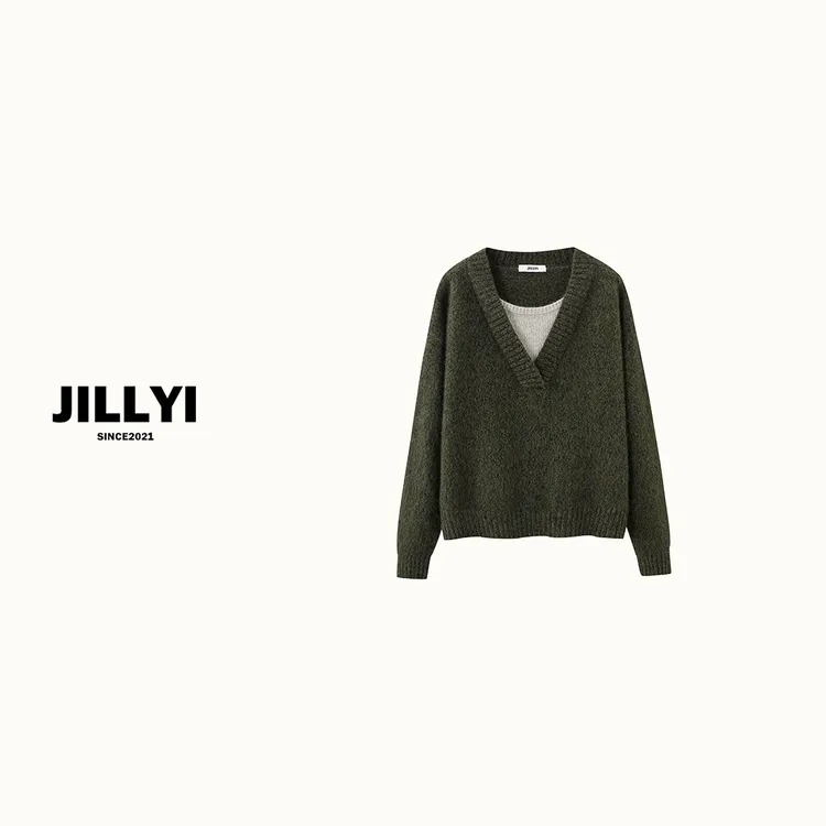 JILLYI【撞色经典】烟灰色V领拼接茶色打底简约时尚假两件针织衫