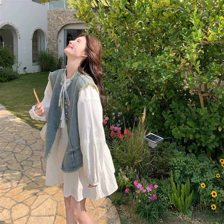 小香风牛仔马甲套装连衣裙女春秋2025新款小清新法式a字裙超火