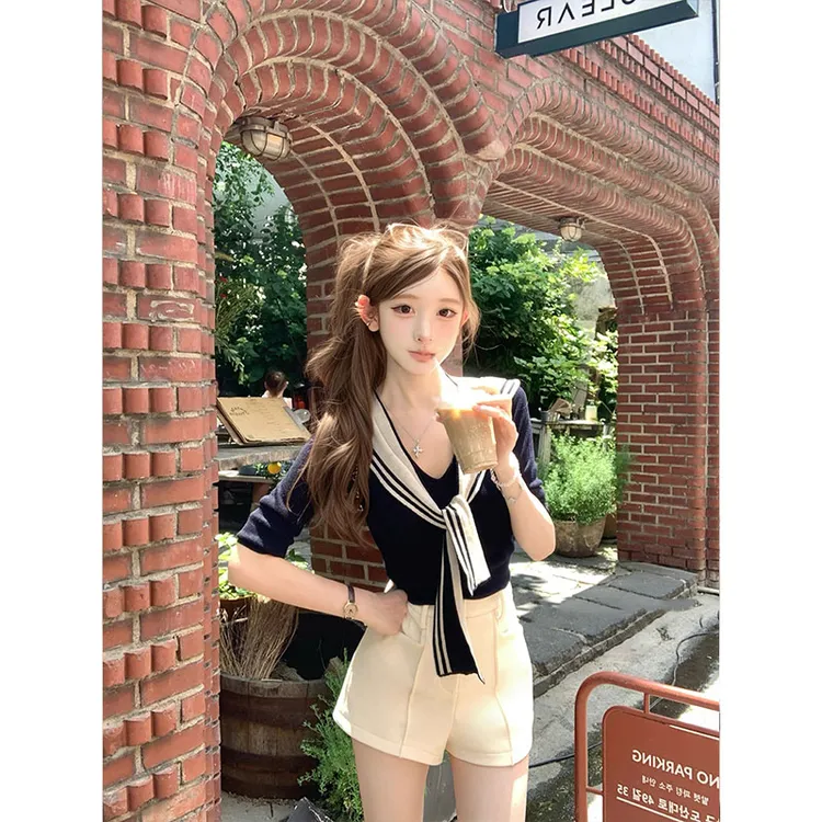 【Tokyo夜航船】法式温柔ins气质海军领针织上衣女显瘦配馥芮白短裤