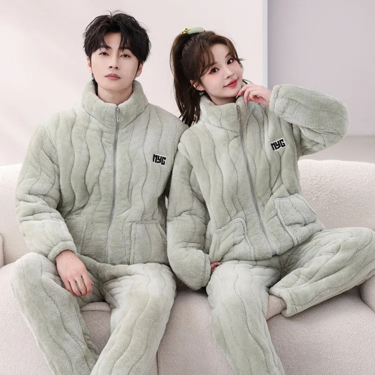 2025冬季情侣成人睡衣夹棉三层加厚拉链款法兰绒保暖家居服套装