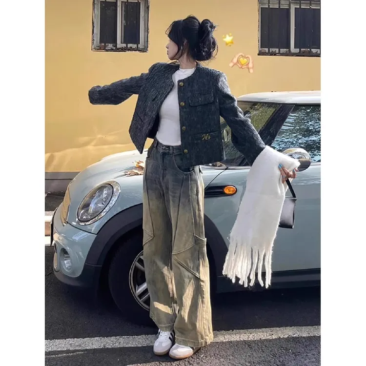 灰色毛呢小香风外套女2025春季新款休闲小个子百搭高级感气质上衣