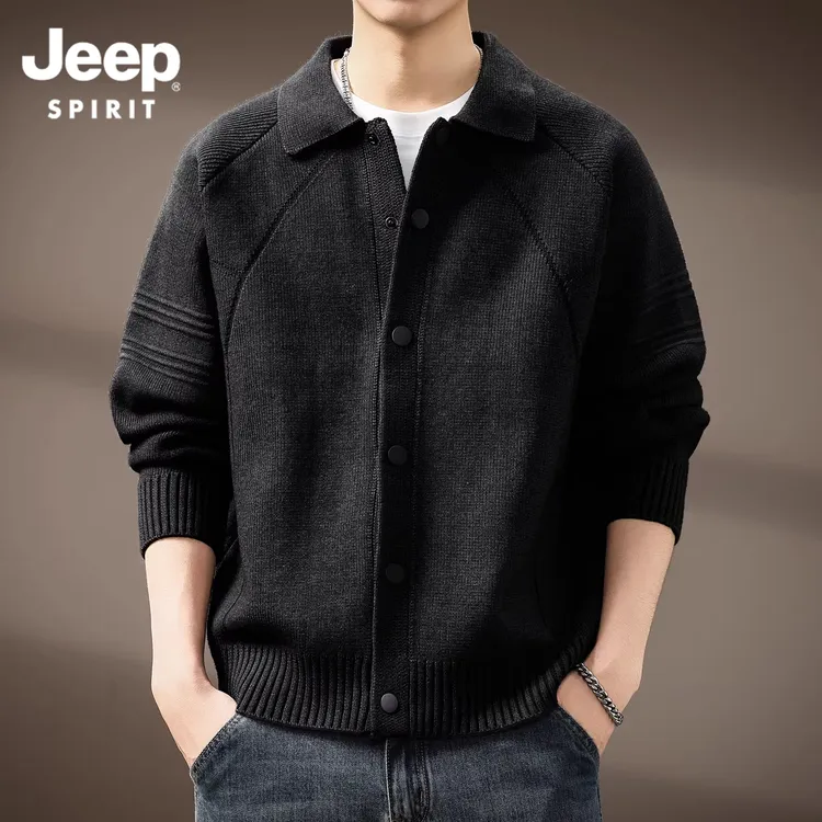 JEEPSPIRIT高端重磅老钱风翻领开衫毛衣秋冬美式宽松休闲针织衫