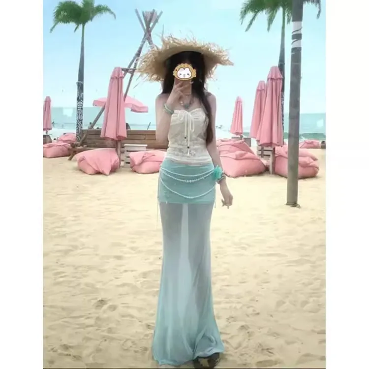 法式纯欲白色蕾丝抹胸背心女夏季新款海岛度假风网纱半身裙套装
