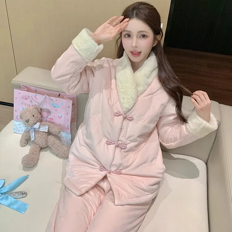睡衣女款秋冬加绒加厚三层夹棉珊瑚绒国风甜美少女家居服可外穿