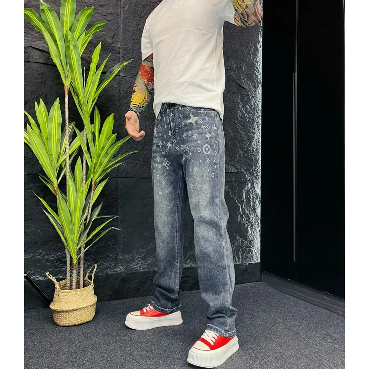 长裤印花秋冬水洗牛仔裤百搭宽松男士个性直筒高街