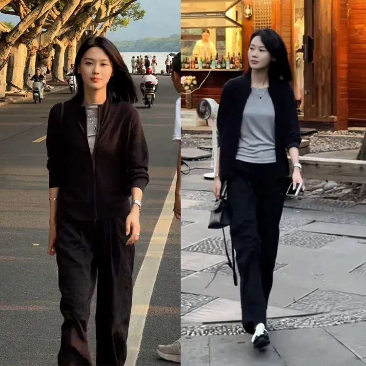 气质一整套2025年早秋时尚宽松拉链卫衣打底衫休闲裤慵懒风三件套