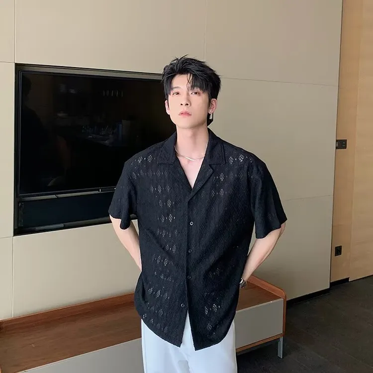 薄款夏季透气痞帅衬衫男生短袖发型师夜店高端感古巴领衬衣夏天衫
