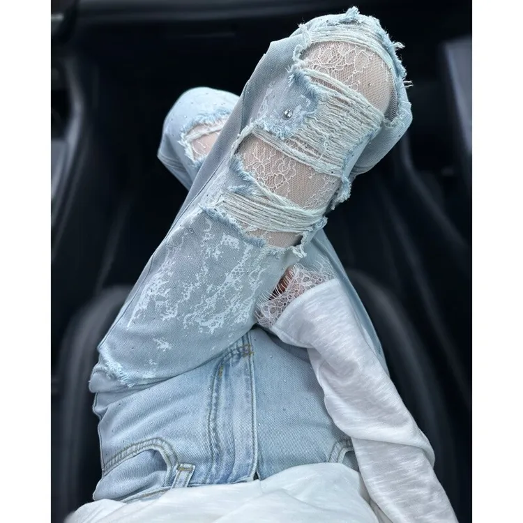 大码烫钻破洞蕾丝拼接直筒牛仔裤女夏季新款高腰宽松阔腿拖地长裤