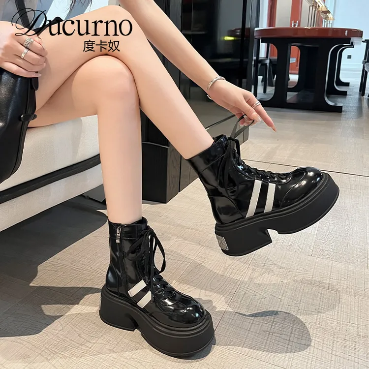 DUCURNO英伦风拼色系带马丁靴女2025新款时尚厚底粗跟百搭小短靴