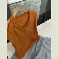 /落日橘翻领/夏季时尚简约Polo领无袖针织气质百搭减龄上衣 95239