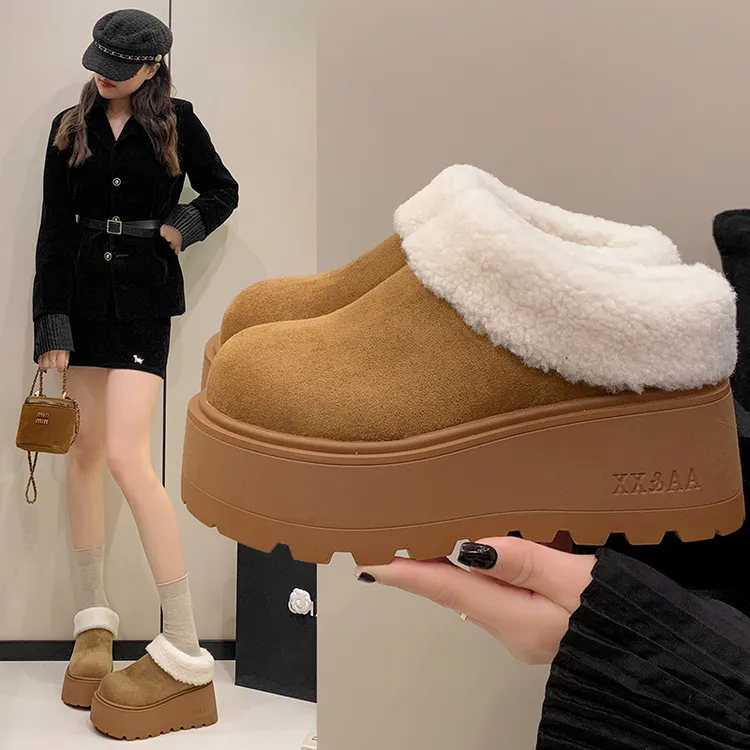 7CM增高厚底包头半拖毛毛鞋女外穿冬季新款懒人加绒勃肯雪地棉鞋