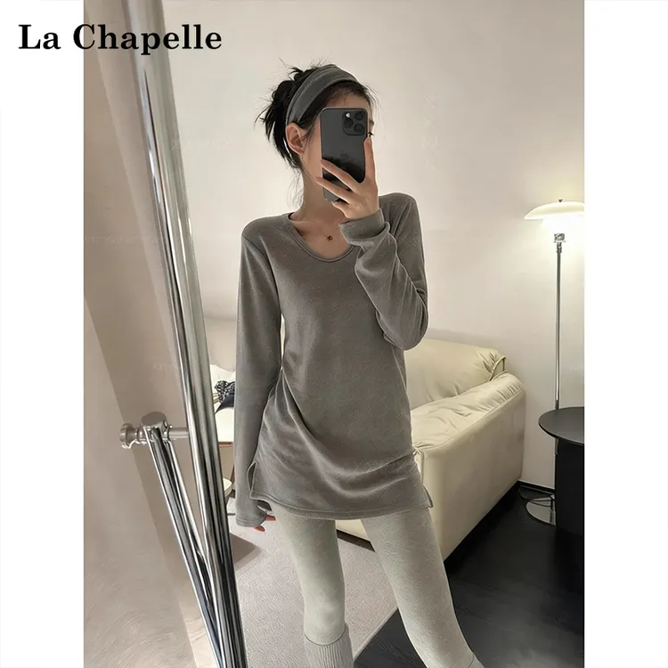 拉夏贝尔极简风灰色圆领针织打底衫女秋冬季时尚百搭磨毛长袖上衣
