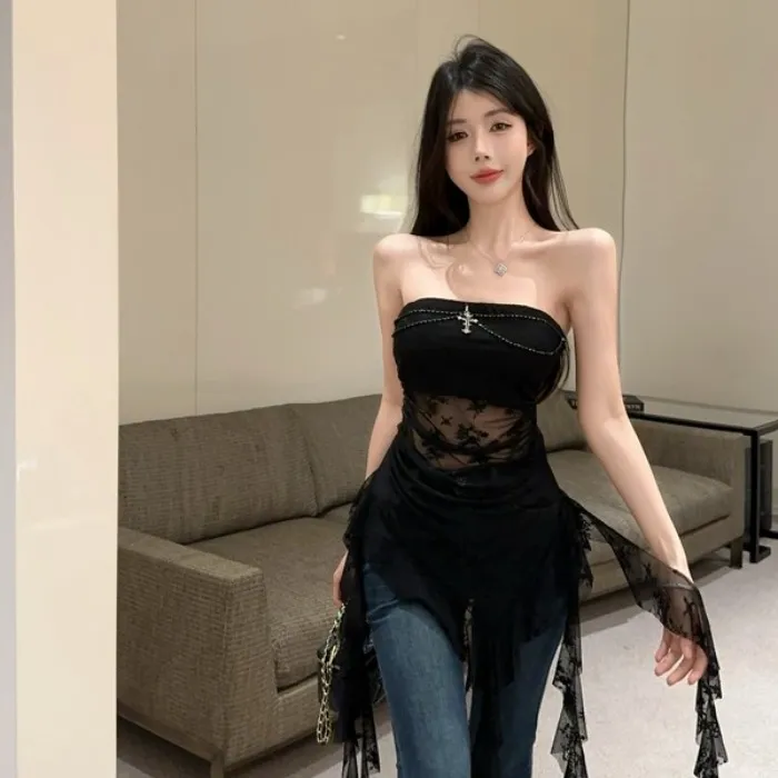 美式辣妹2025春夏新款纯欲黑色抹胸背心不规则蕾丝上衣牛仔裤套装