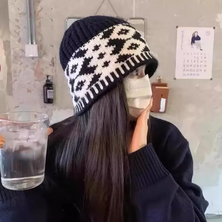 针织帽秋冬季时尚百搭盆帽显脸小复古毛线帽保暖包头帽子水桶帽