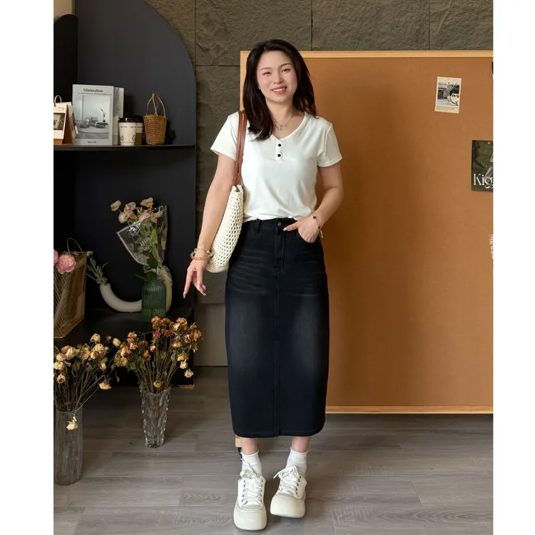 小个子圆圆Y610云雾黑夏季高腰气质半身牛仔裙中长款包臀a字裙女