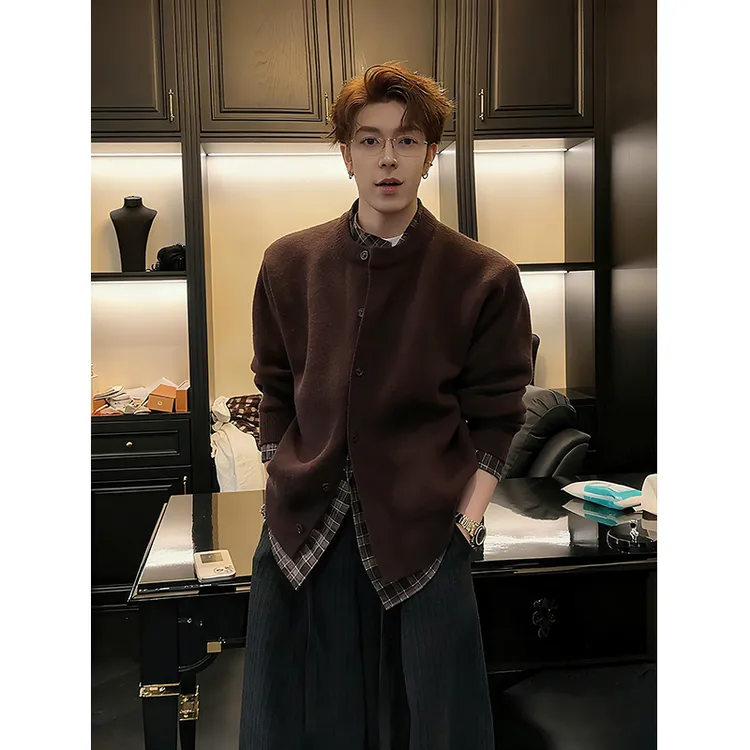 老钱风假两件开衫毛衣外套男款秋冬格子拼接内搭慵懒高级感针织衫