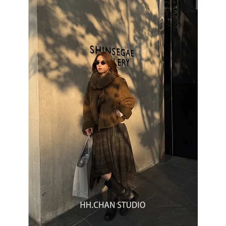 HH.CHAN“浪漫裙”羊毛混不规则格子显瘦百搭加厚半身裙HH53B39988