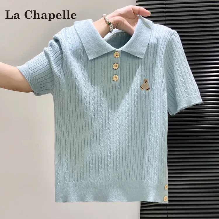 拉夏贝尔针织短袖t恤女2025年新款卡通刺绣翻领修身正肩短款上衣