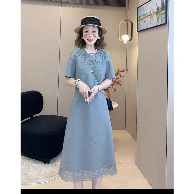 夏季时尚休闲百搭灰色蕾丝连衣裙纯色高级感气质中长裙子