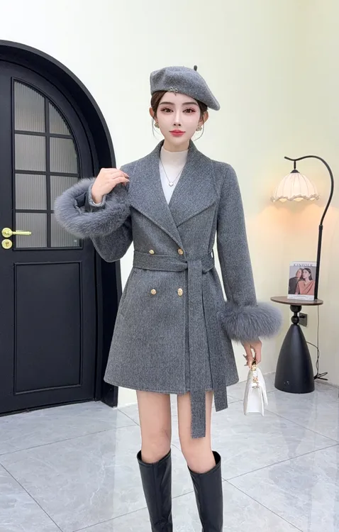 8810款绵羊毛大衣小个子秋冬狐狸毛袖外套中长款羊毛大衣毛呢外套