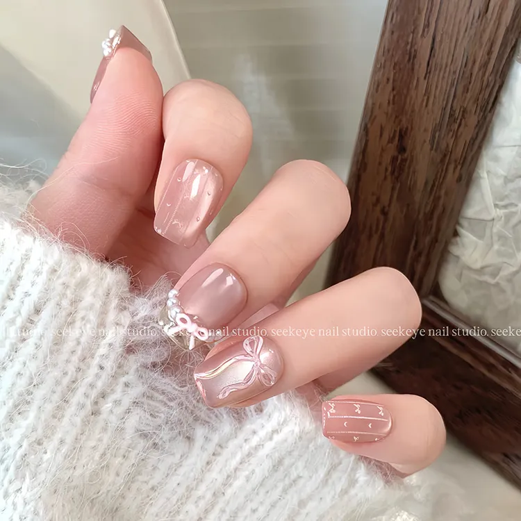 幸可【白桃乌龙】2025新款显白少女心猫眼蝴蝶结法式纯手工穿戴甲