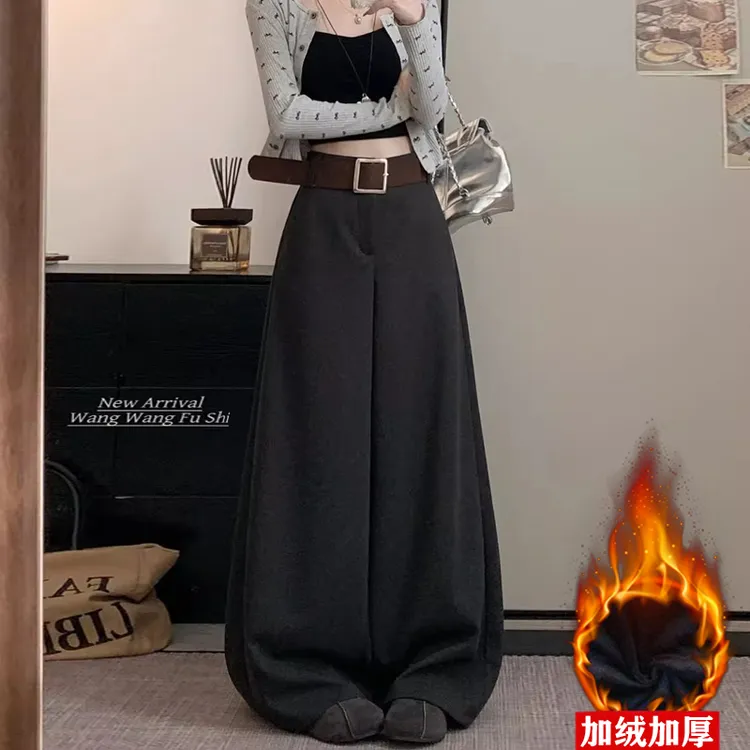 【送皮带】加绒加厚毛呢阔腿裤女秋冬高腰显瘦呢子休闲直筒拖地裤