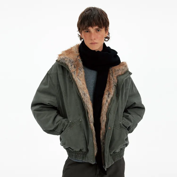 MADWITCH冬季复古水洗多口袋工装棉服男宽松可拆卸毛领座山雕外套