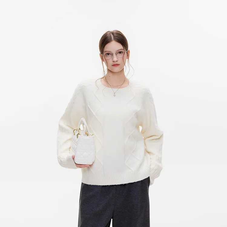 BZXO米白色麻花毛衣女秋冬2025新款慵懒感圆领套头加厚针织衫上衣