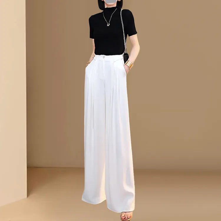 白色压褶通勤西装裤女夏季新款高腰显瘦垂感拖地裤宽松藏肉阔腿裤
